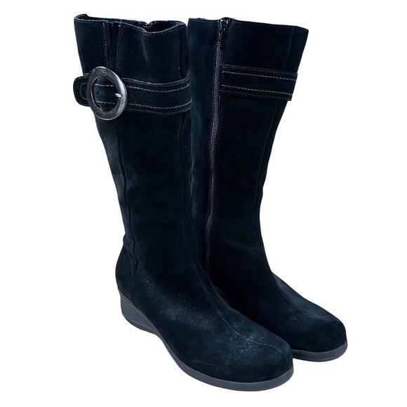 La Canadienne Black Knee High Suede Buckle Accent Side Zip Wedge Boot Sz 8M EUC - Picture 2 of 8